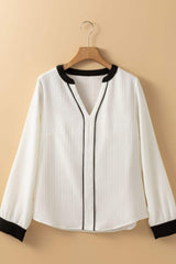 Contrast Notched Long Sleeve Blouse - Trendsi - Flyclothing LLC
