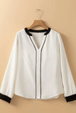 Contrast Notched Long Sleeve Blouse - Trendsi - Flyclothing LLC
