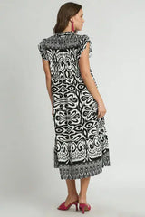 Umgee Full Size Two Tone Border Print Ruffle Cap Sleeve Midi Dress Plus Size - Trendsi - Flyclothing LLC