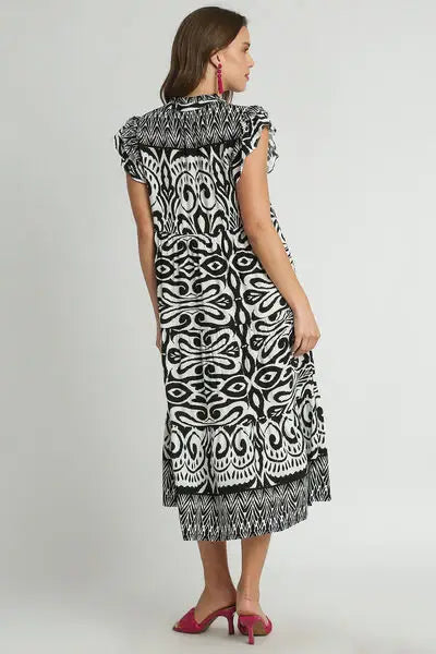 Umgee Full Size Two Tone Border Print Ruffle Cap Sleeve Midi Dress Plus Size - Trendsi - Flyclothing LLC