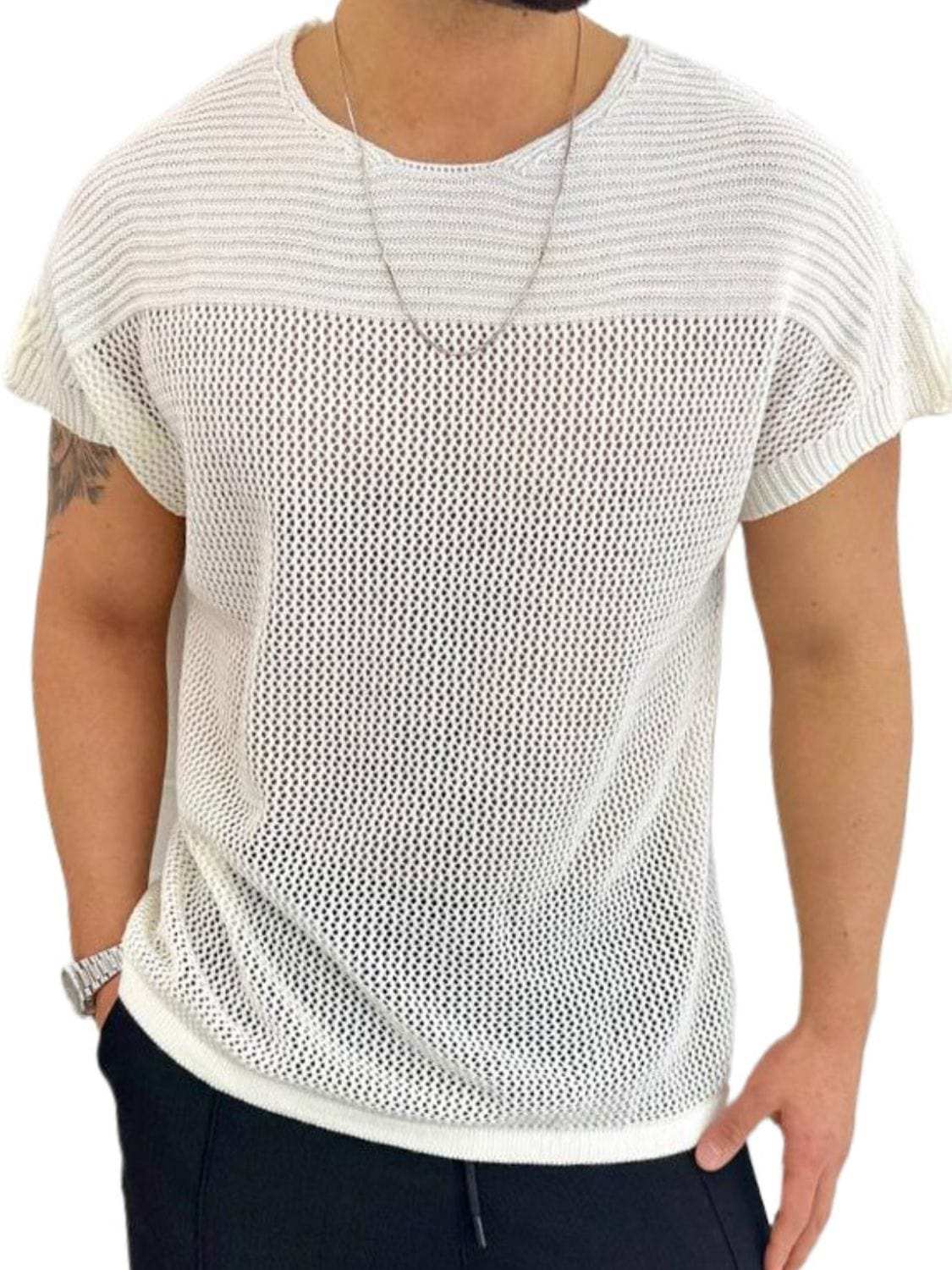 Men's Eyelet Round Neck Short Sleeve T-Shirt - Trendsi - Flyclothing LLC