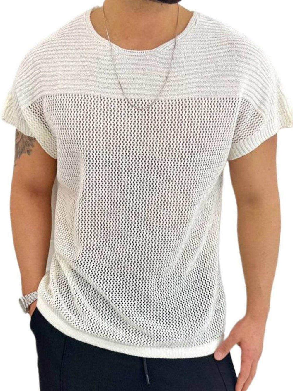 Men's Eyelet Round Neck Short Sleeve T-Shirt - Trendsi - Flyclothing LLC