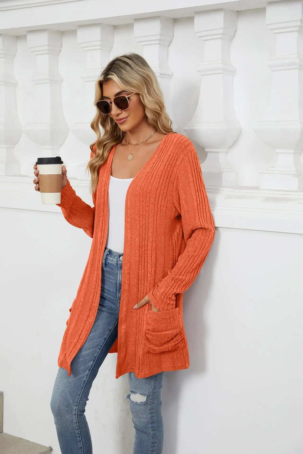 Pocketed Open Front Long Sleeve Cardigan - Trendsi - Flyclothing LLC