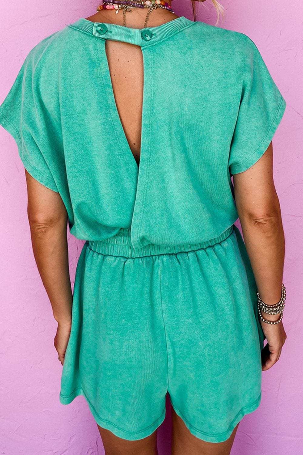 Mineral Wash Hollow Out Back Drawstring Waist Romper - Trendsi - Flyclothing LLC