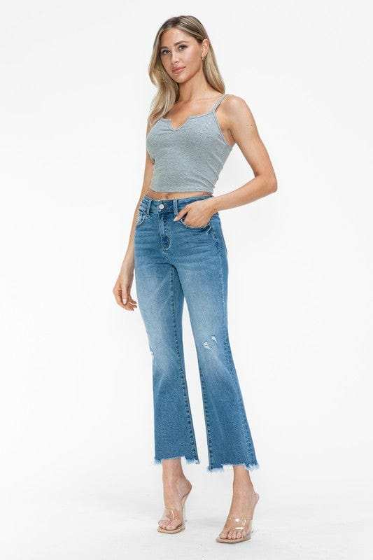 bytos Raw Hem Distressed Mid Rise Crop Jeans - Trendsi - Flyclothing LLC
