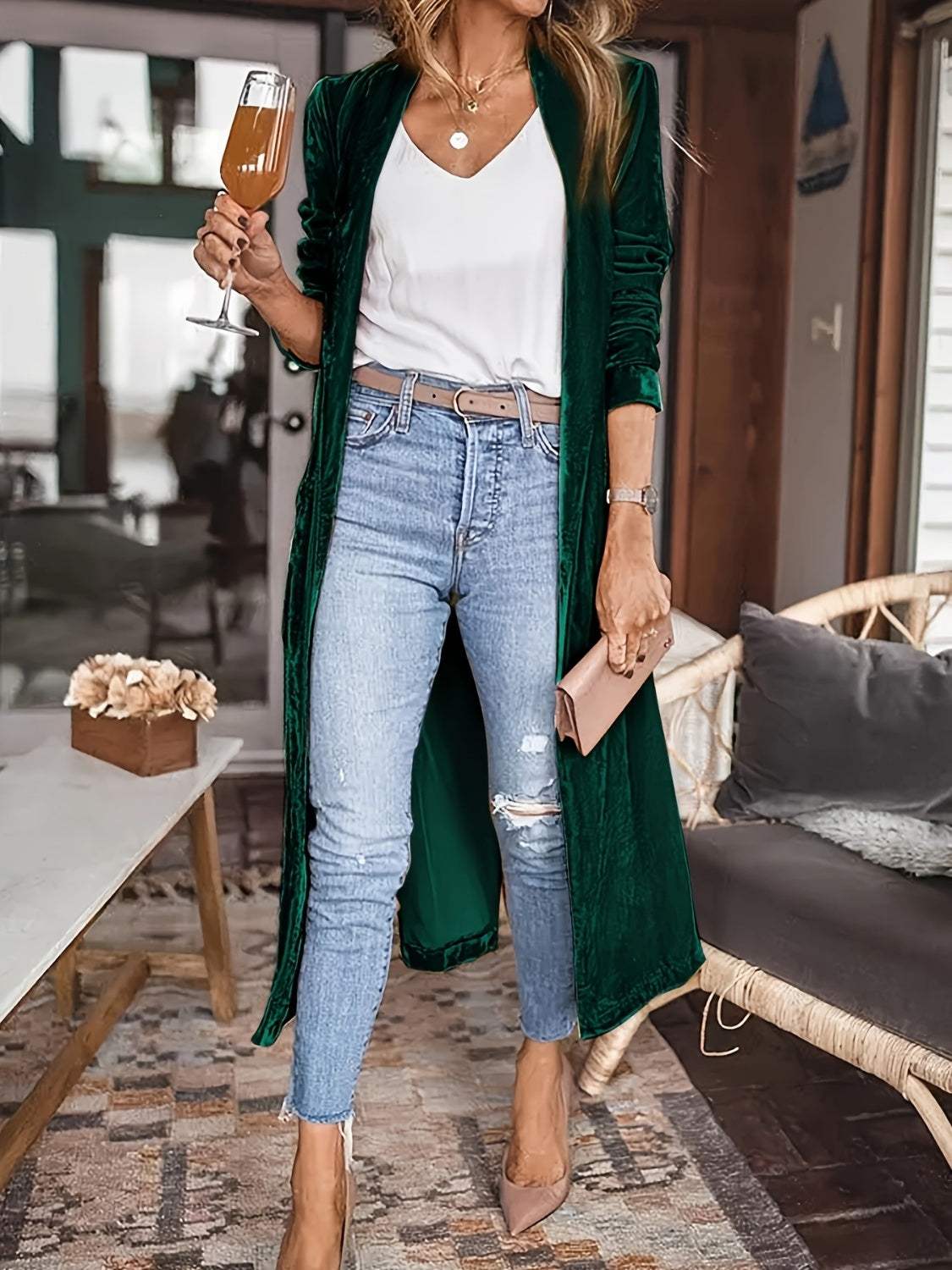 Open Front Long Sleeve Coat - Trendsi - Flyclothing LLC