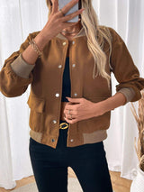 Perfee Baseball Collar Snap Down Long Sleeve Jacket - Trendsi - Flyclothing LLC