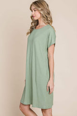 BOMBOM Ribbed Round Neck Short Sleeve Dress - Trendsi - Flyclothing LLC