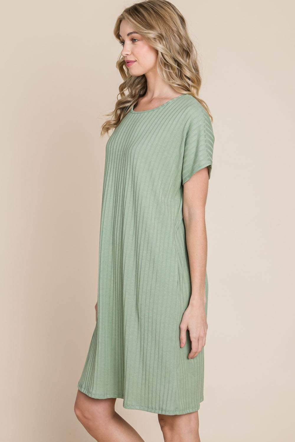 BOMBOM Ribbed Round Neck Short Sleeve Dress - Trendsi - Flyclothing LLC