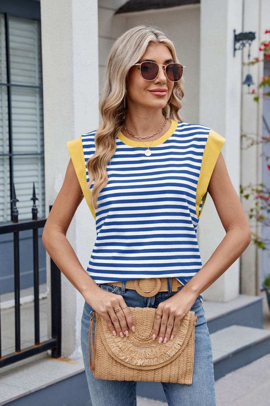 Contrast Striped Round Neck T-Shirt - Trendsi - Flyclothing LLC