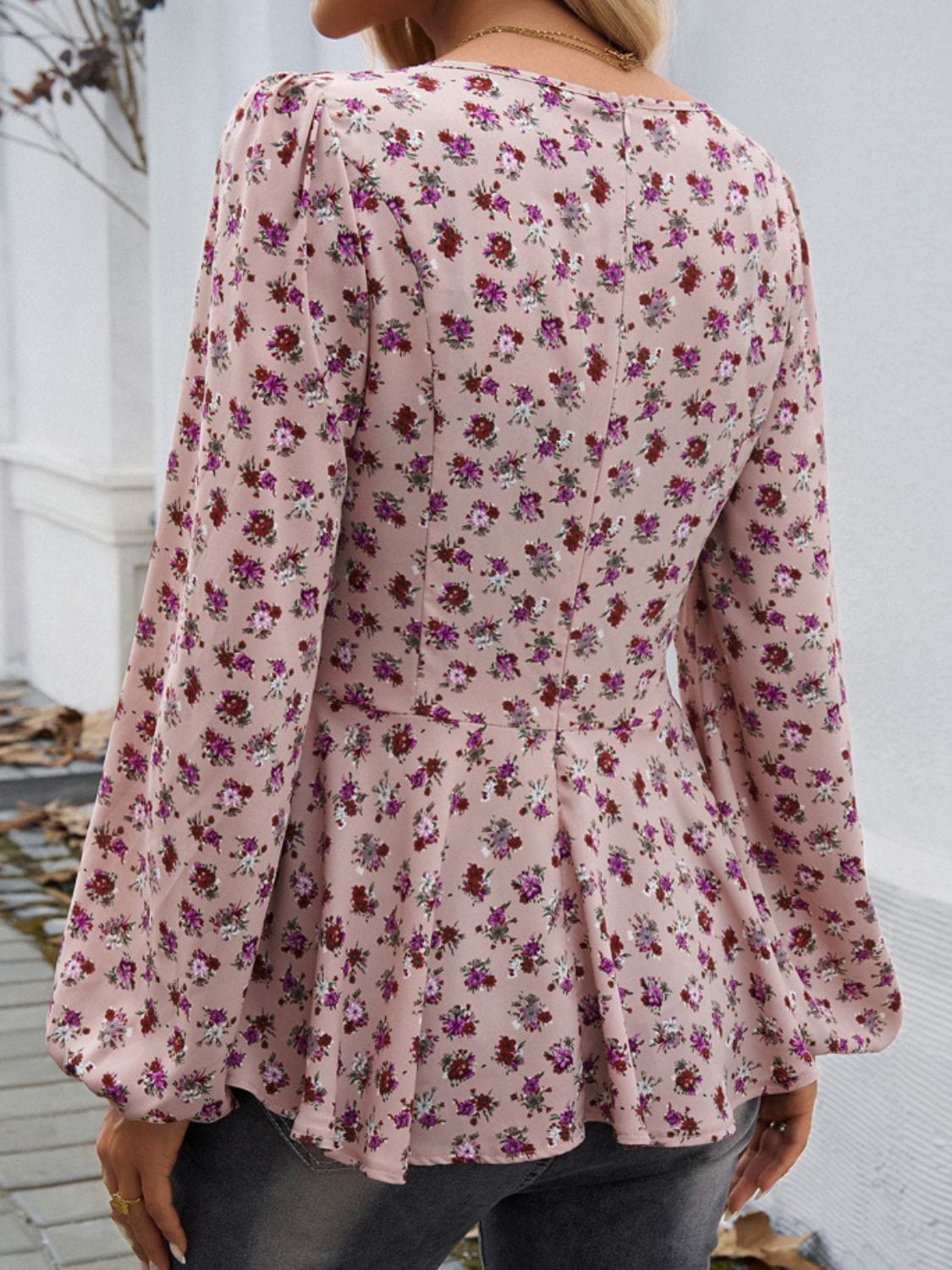 Peplum Printed Long Sleeve Blouse - Trendsi