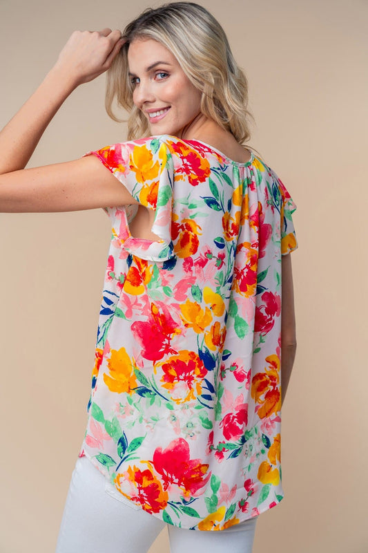 White Birch Full Size Short Sleeve Floral Woven Top Trendsi
