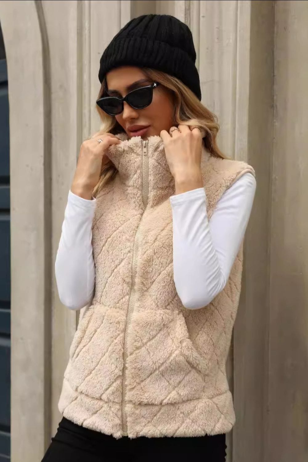 Fuzzy Plaid Texture Zip Up Vest Coat - Trendsi