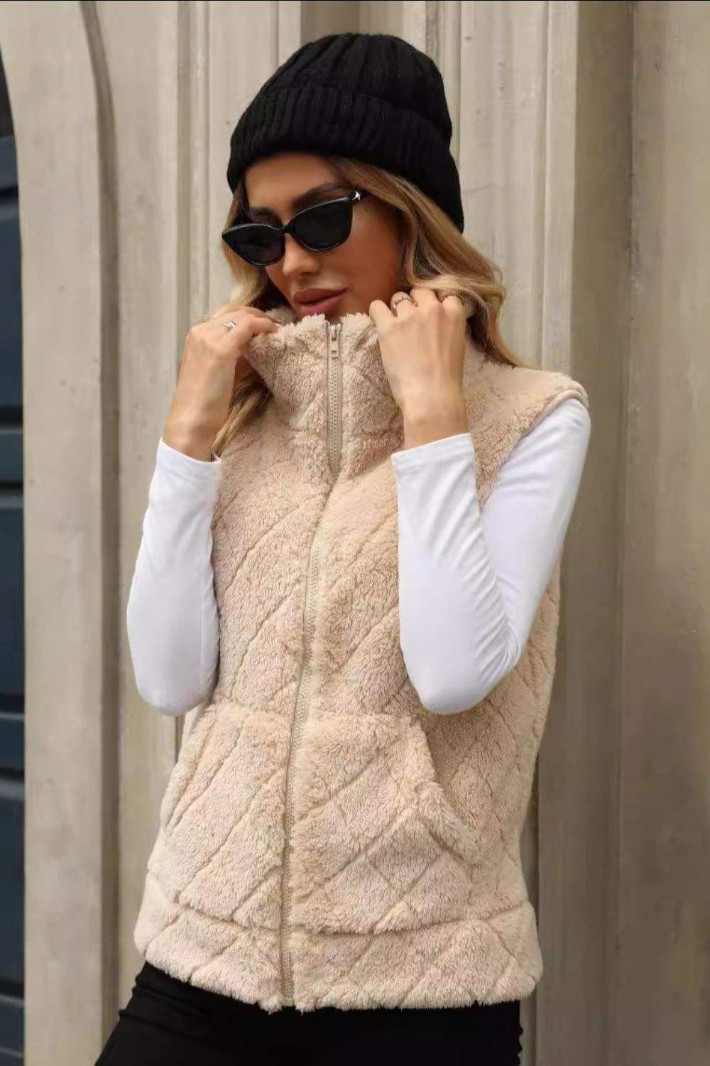 Fuzzy Plaid Texture Zip Up Vest Coat - Trendsi - Flyclothing LLC