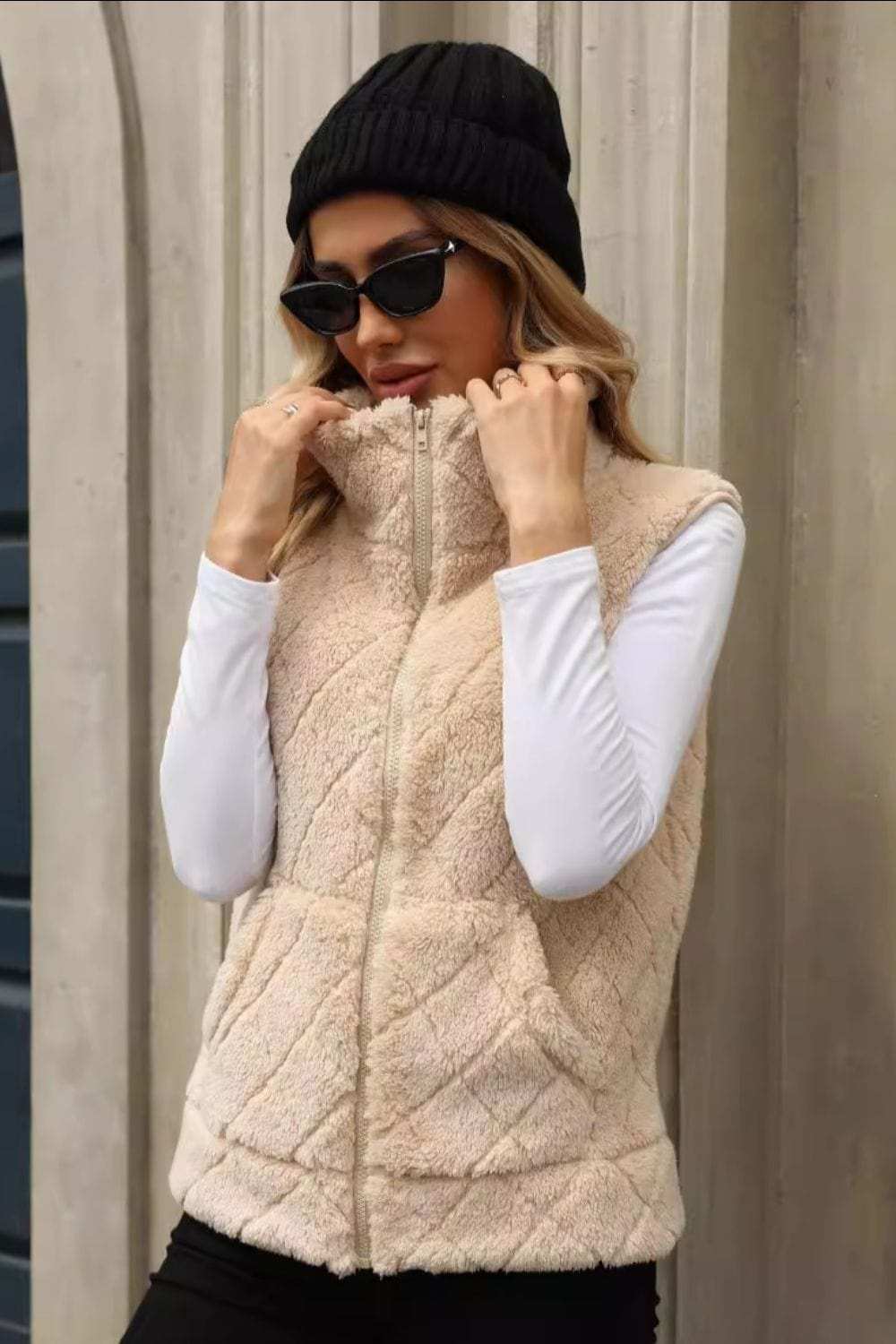 Fuzzy Plaid Texture Zip Up Vest Coat - Trendsi - Flyclothing LLC