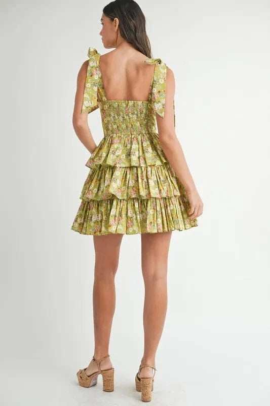 MABLE Floral Print Shoulder Tie Layered Mini Dress - Trendsi - Flyclothing LLC