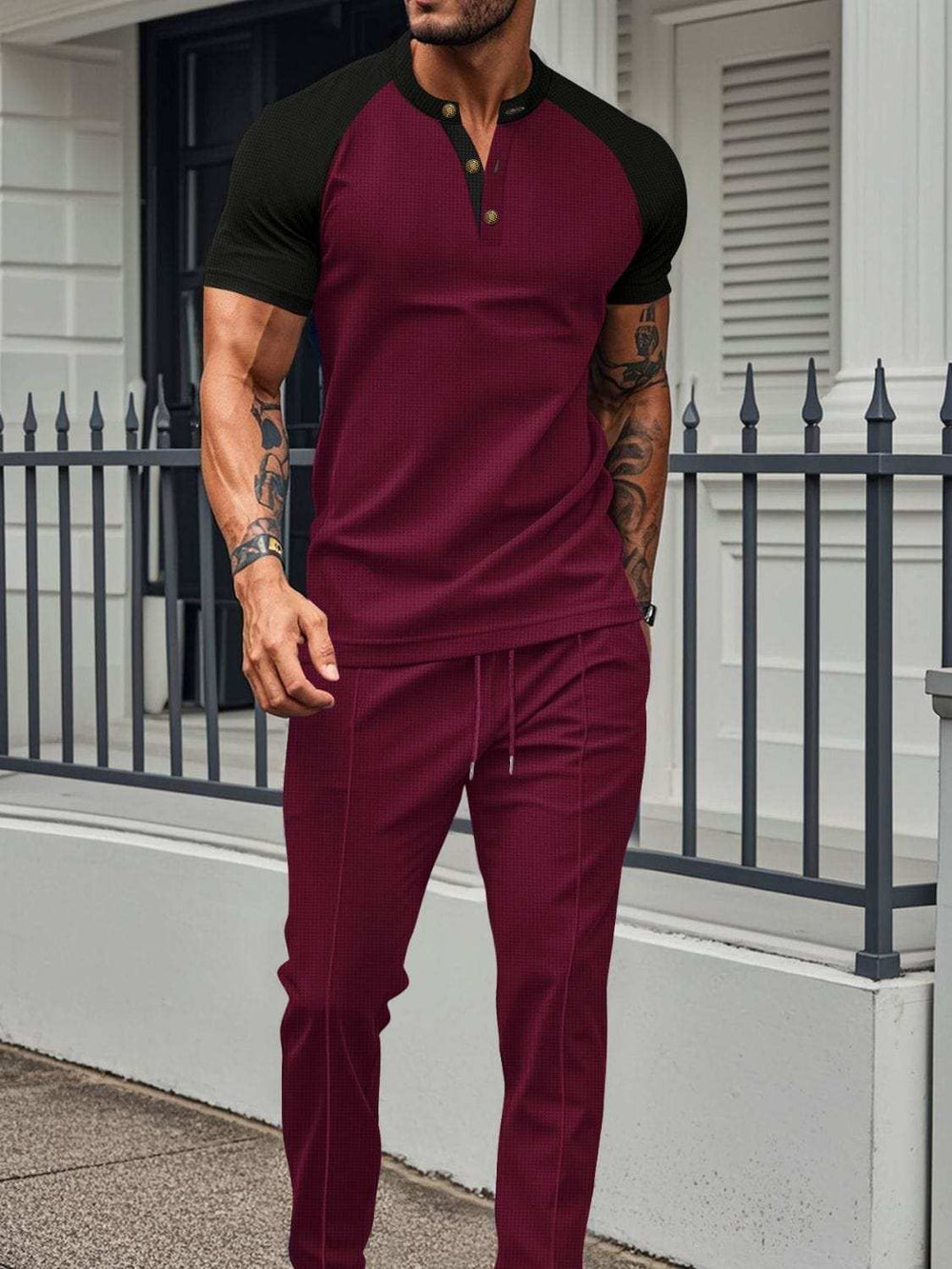Men's Full Size Waffle-Knit Contrast Top and Drawstring Pants Set Plus Size - Trendsi - Flyclothing LLC