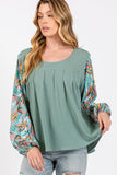 SAGE + FIG Ruched Round Neck Printed Bubble Sleeve Top - Trendsi