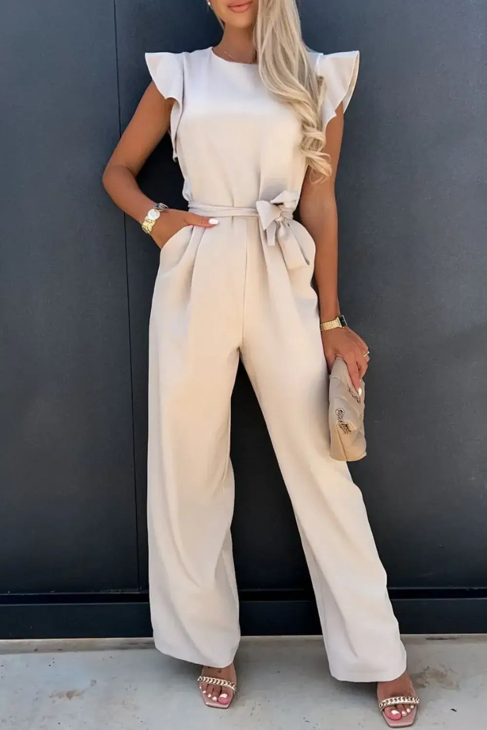 Round Neck Cap Sleeve Jumpsuit - Trendsi - Flyclothing LLC