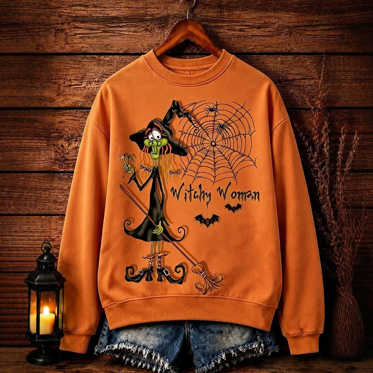 Women's Long-sleeve Crew-neck Halloween-print Hoodie