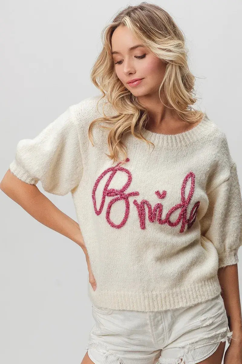BiBi Metallic Letter Short Puff Sleeve Hairy Sweater - Trendsi - Flyclothing LLC