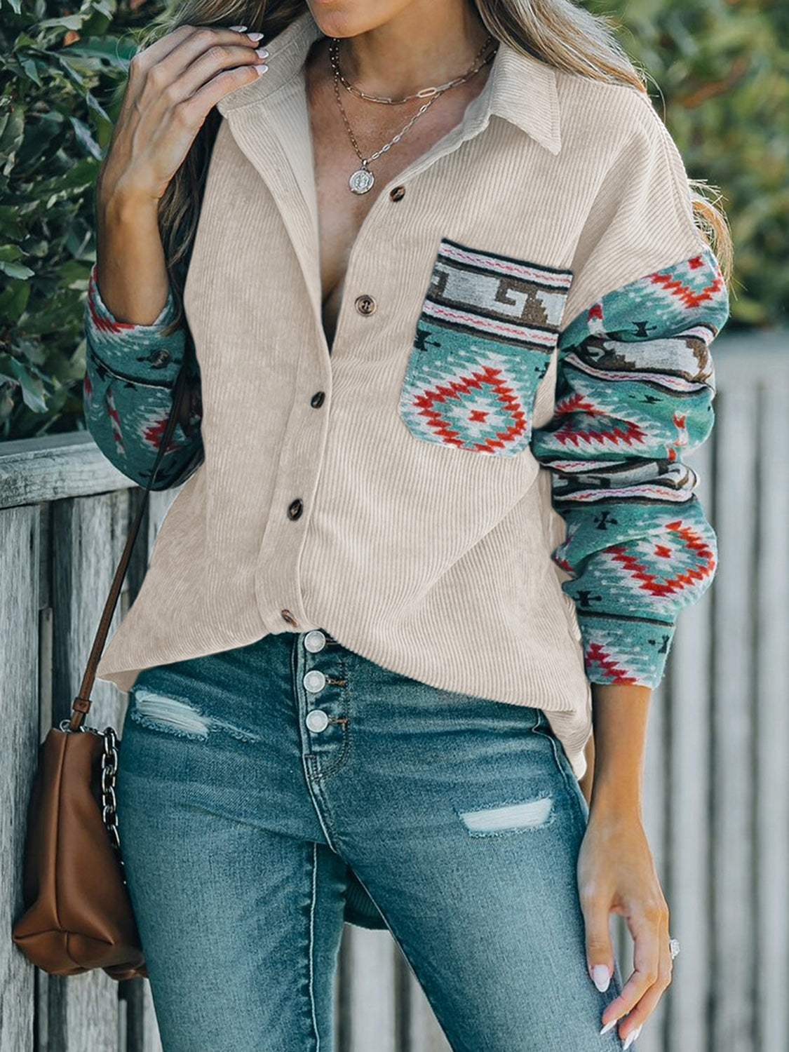 Perfee Pocketed Geometric Collared Neck Shacket - Trendsi - Flyclothing LLC