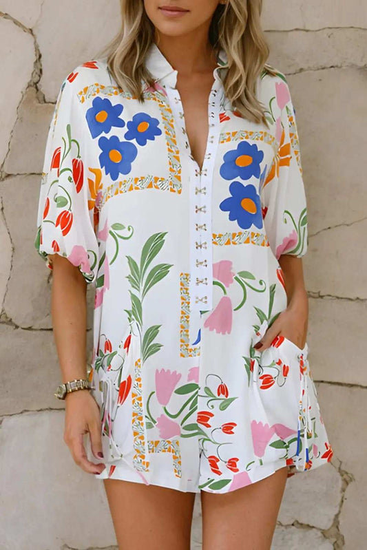 Pocketed Printed Half Sleeve Romper - Trendsi - Flyclothing LLC