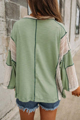 Lace Detail Contrast V-Neck Long Sleeve Blouse - Trendsi - Flyclothing LLC