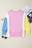 Slit Contrast Round Neck Long Sleeve Sweatshirt - Trendsi - Flyclothing LLC
