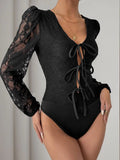 Perfee Tied Lace Long Sleeve Bodysuit - Trendsi