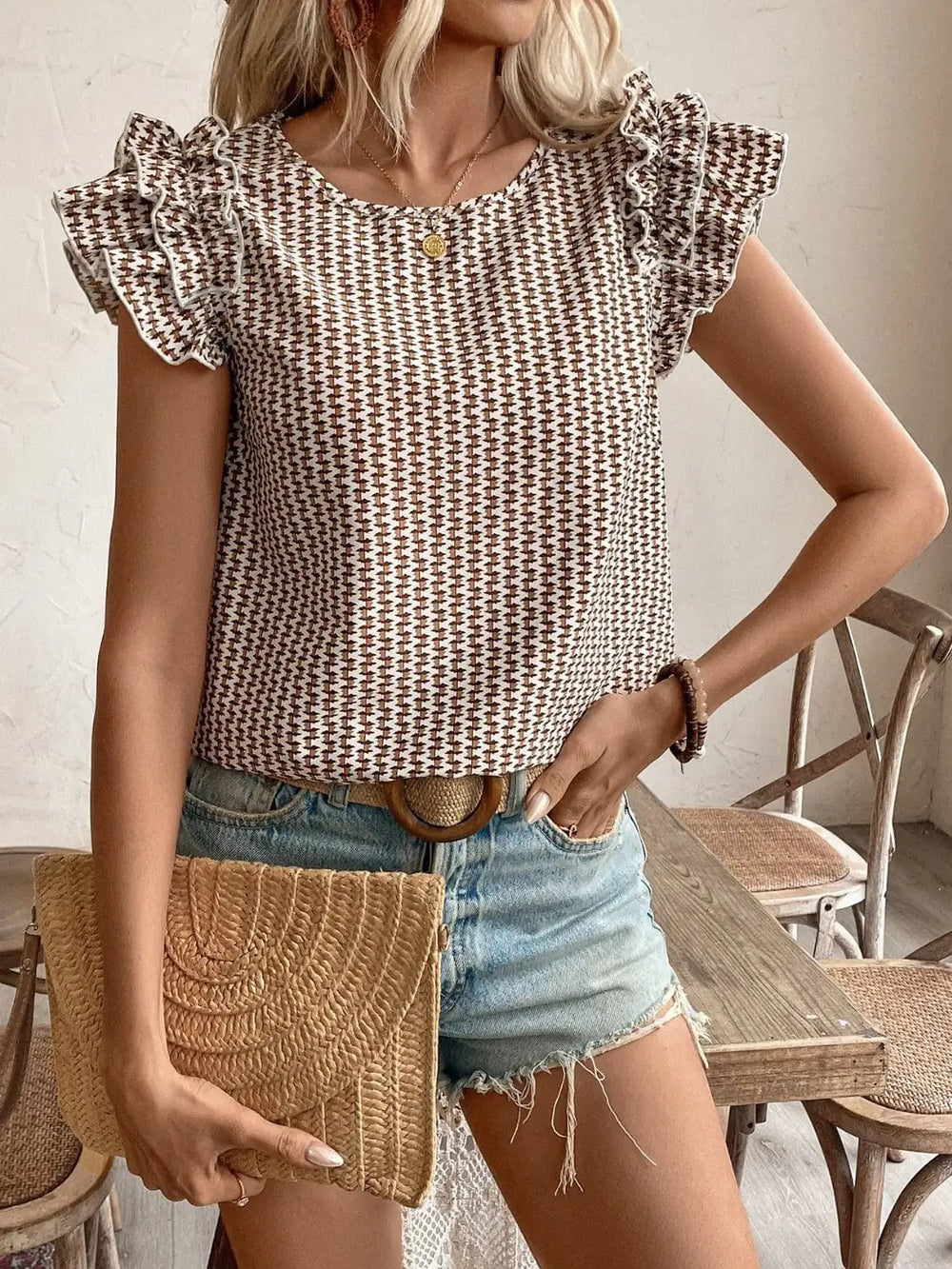 Ruffled Printed Round Neck Cap Sleeve Blouse - Trendsi