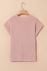 Lace Patchwork Waffle Short Sleeve Knit Top - Trendsi - Flyclothing LLC