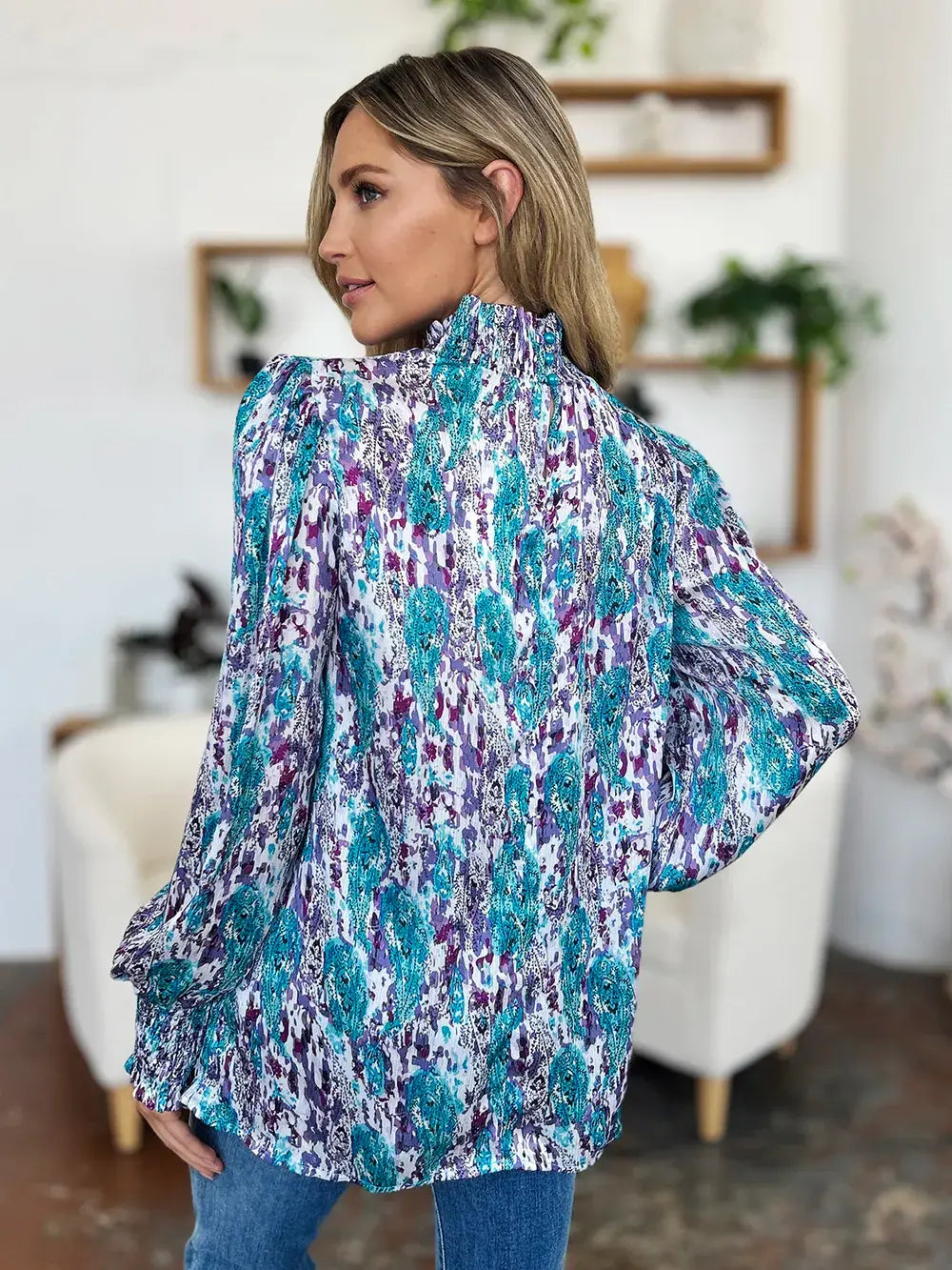 Double Take Full Size Printed Smocked Long Sleeve Blouse - Trendsi - Flyclothing LLC