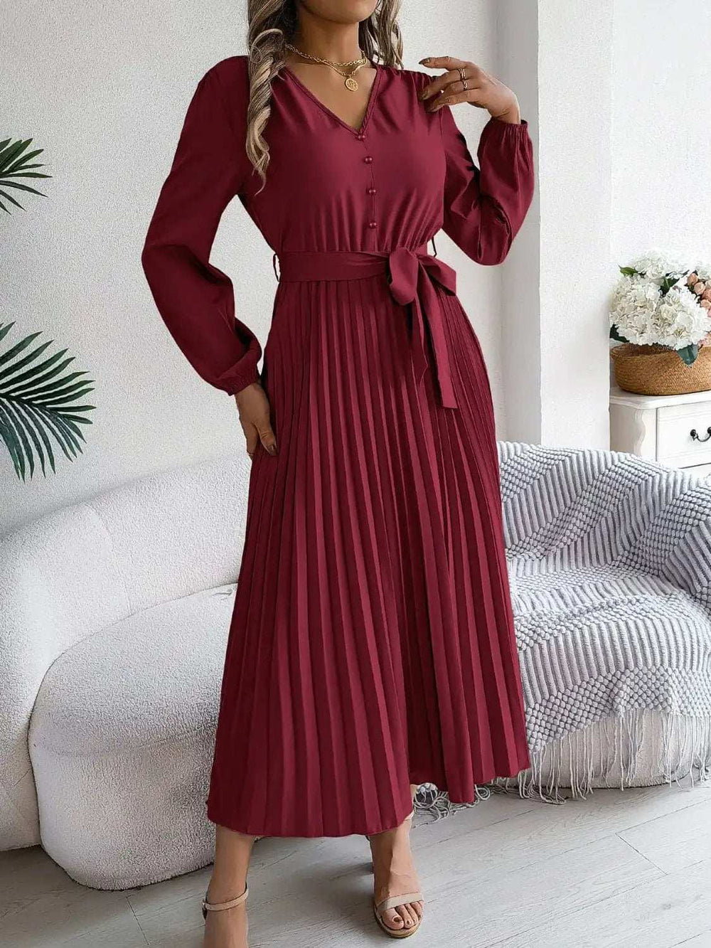Pleated Tied V-Neck Long Sleeve Dress - Trendsi - Flyclothing LLC