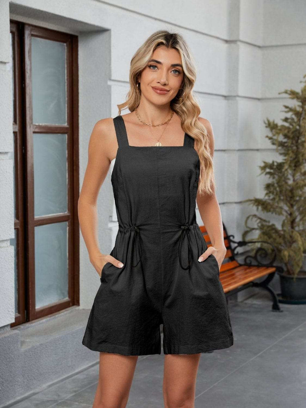 Drawstring Wide Strap Romper with Pockets - Trendsi - Flyclothing LLC