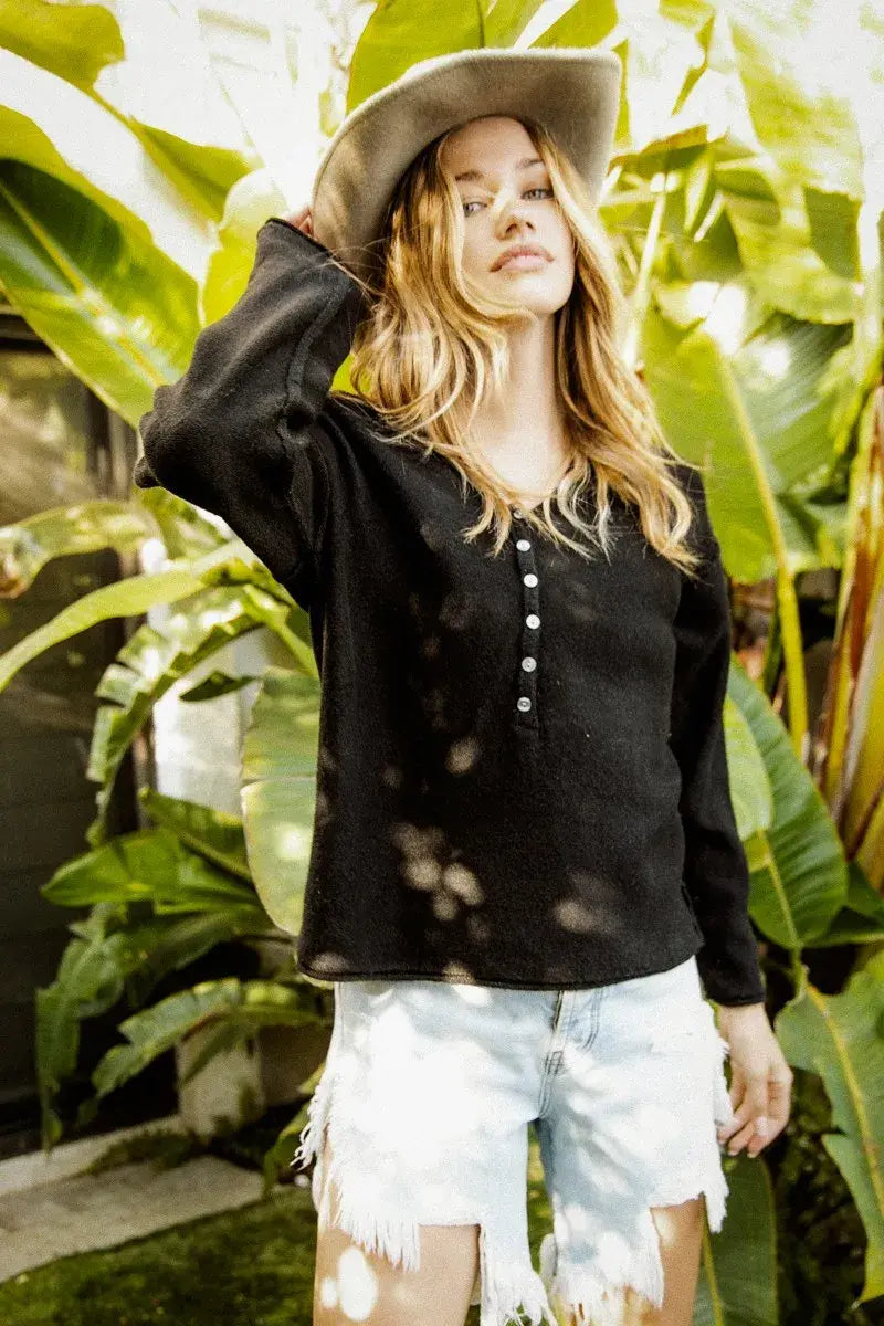 BiBi V Neck Sweater Top With Button Details - Trendsi - Flyclothing LLC