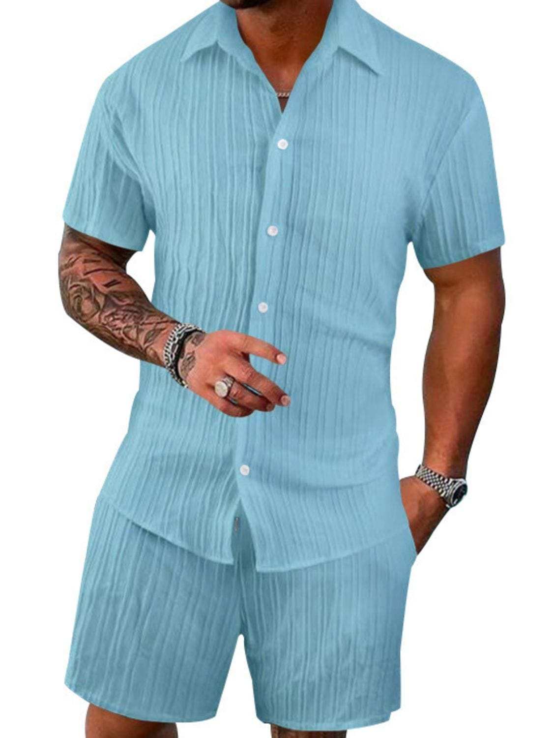 Men's Full Size Button Down Short Sleeve Shirt and Shorts Set Plus Size - Trendsi - Flyclothing LLC