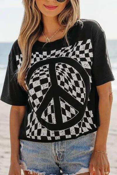 Checkered Peace Sign Round Neck T-Shirt - Trendsi - Flyclothing LLC