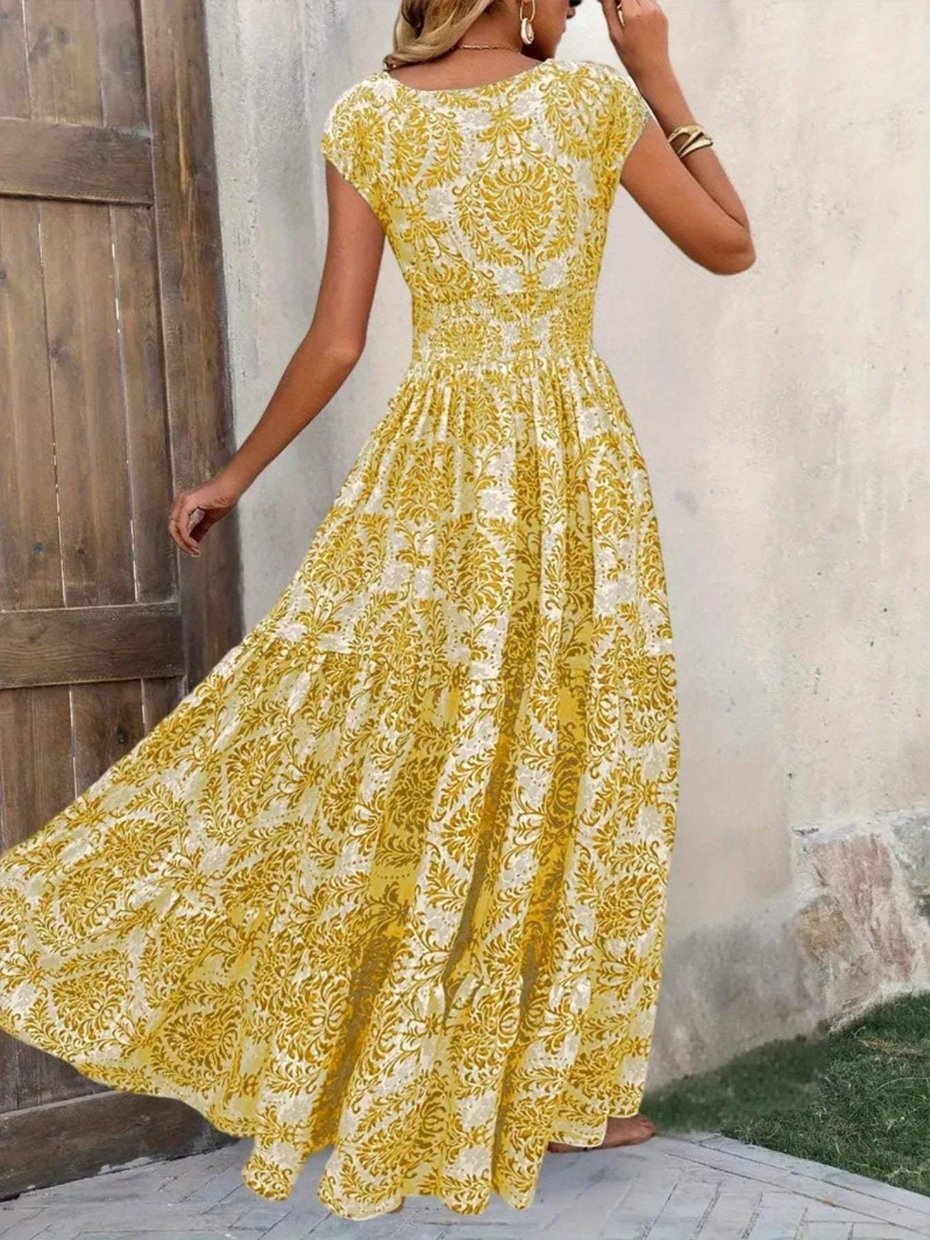 Printed Cap Sleeve Maxi Dress - Trendsi - Flyclothing LLC