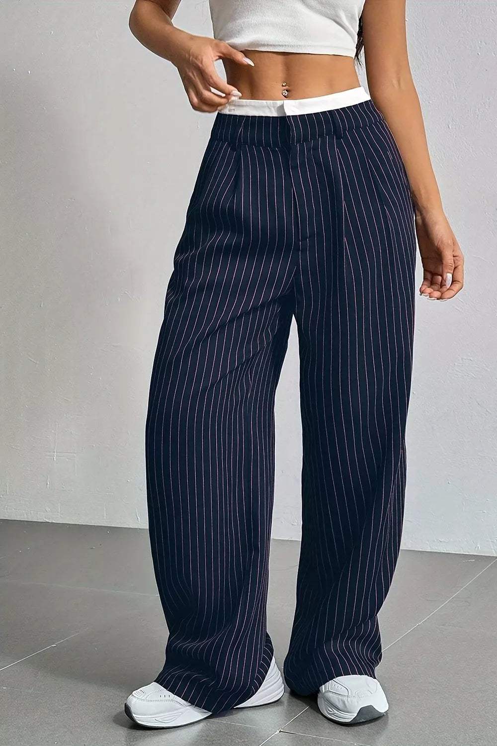 High-Waisted Pinstripe Wide-Leg Pants - Trendsi - Flyclothing LLC