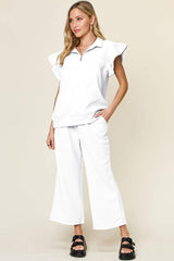 Double Take Texture Ruffle Short Sleeve Top and Drawstring Wide Leg Pants Set - Trendsi - Flyclothing LLC