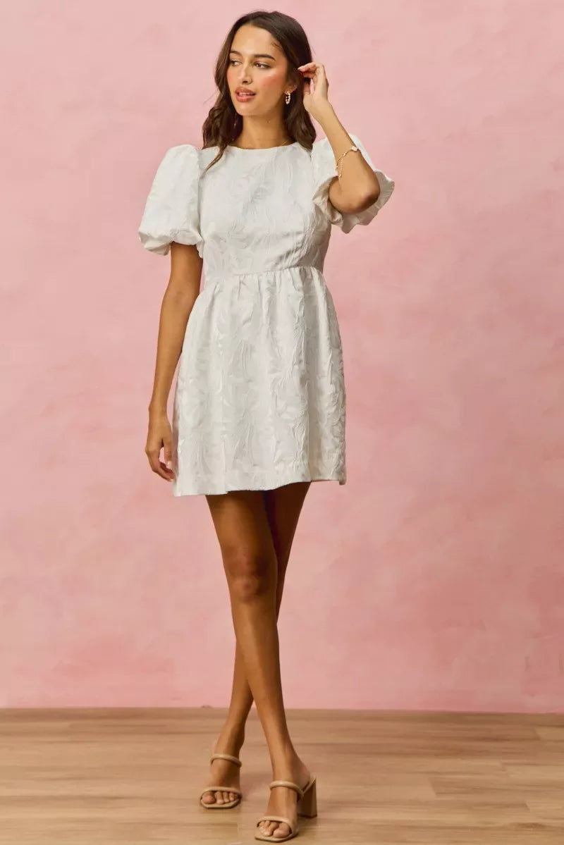 SO ME Floral Jacquard Bubble Shorts Sleeves Mini Dress - Trendsi - Flyclothing LLC