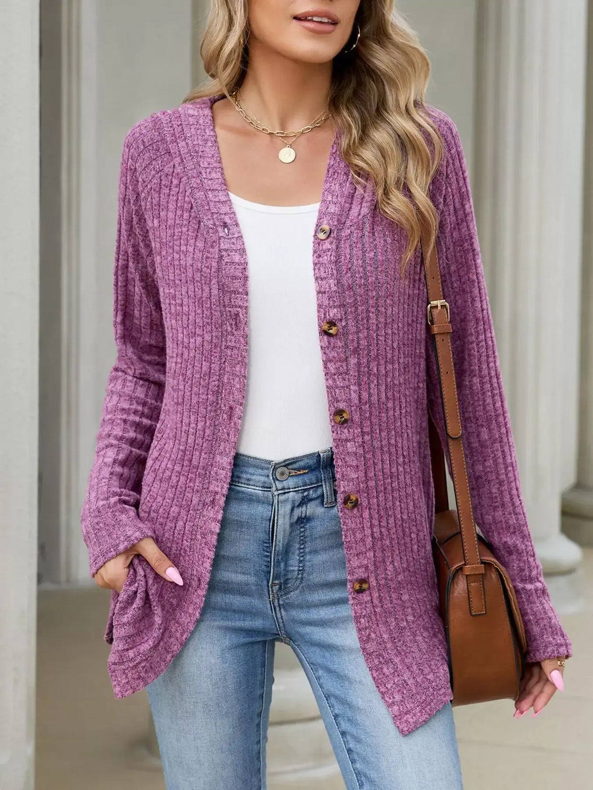 Ribbed Knit Hooded Button-Down Cardigan - Trendsi - Flyclothing LLC