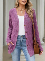 Ribbed Knit Hooded Button-Down Cardigan - Trendsi - Flyclothing LLC