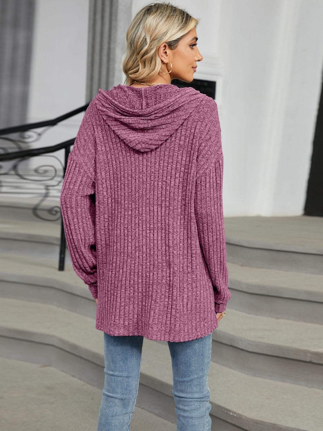 Half Button Long Sleeve Hooded Top - Trendsi - Flyclothing LLC