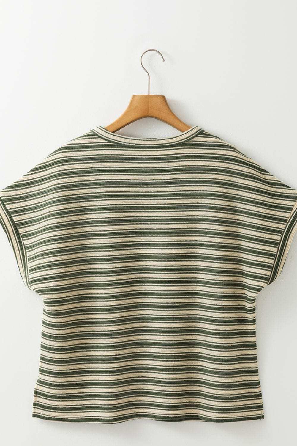 Stripe Textured Side Slit Crew Neck T-Shirt - Trendsi - Flyclothing LLC