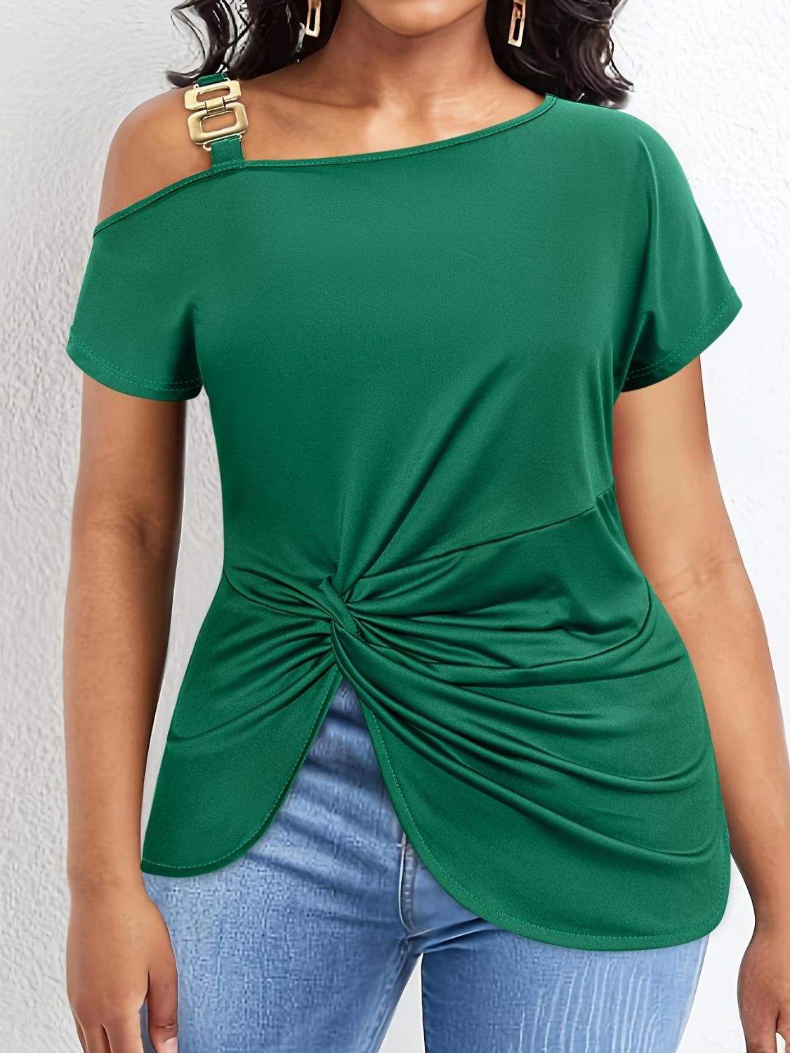 Plus Size Twisted Asymmetrical Neck Short Sleeve T-Shirt - Trendsi - Flyclothing LLC