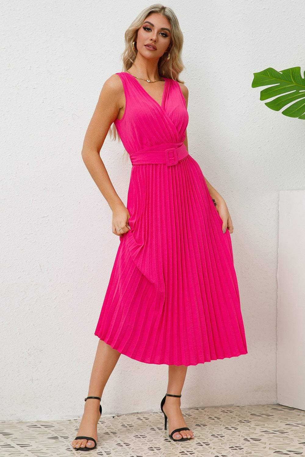 Surplice Sleeveless Midi Pleated Dress - Trendsi - Flyclothing LLC