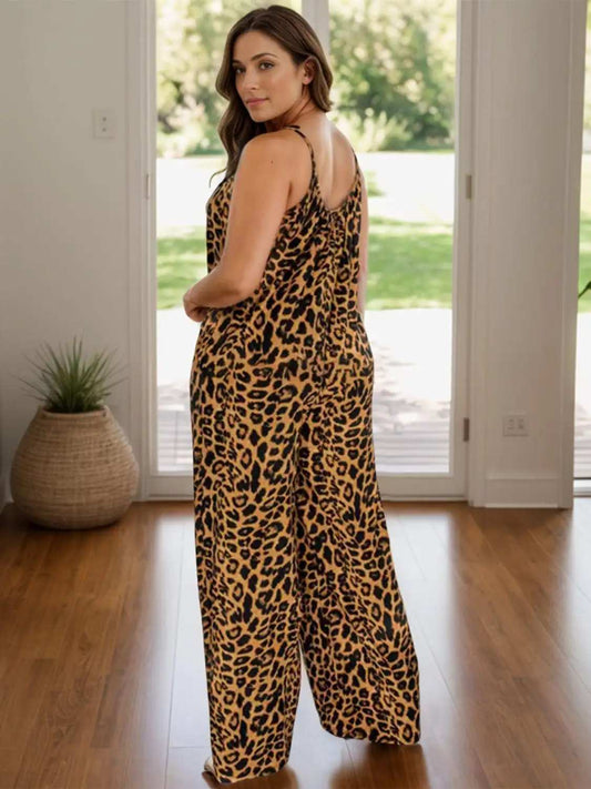 Full Size Leopard Scoop Neck Wide Leg Jumpsuit - Trendsi - Flyclothing LLC