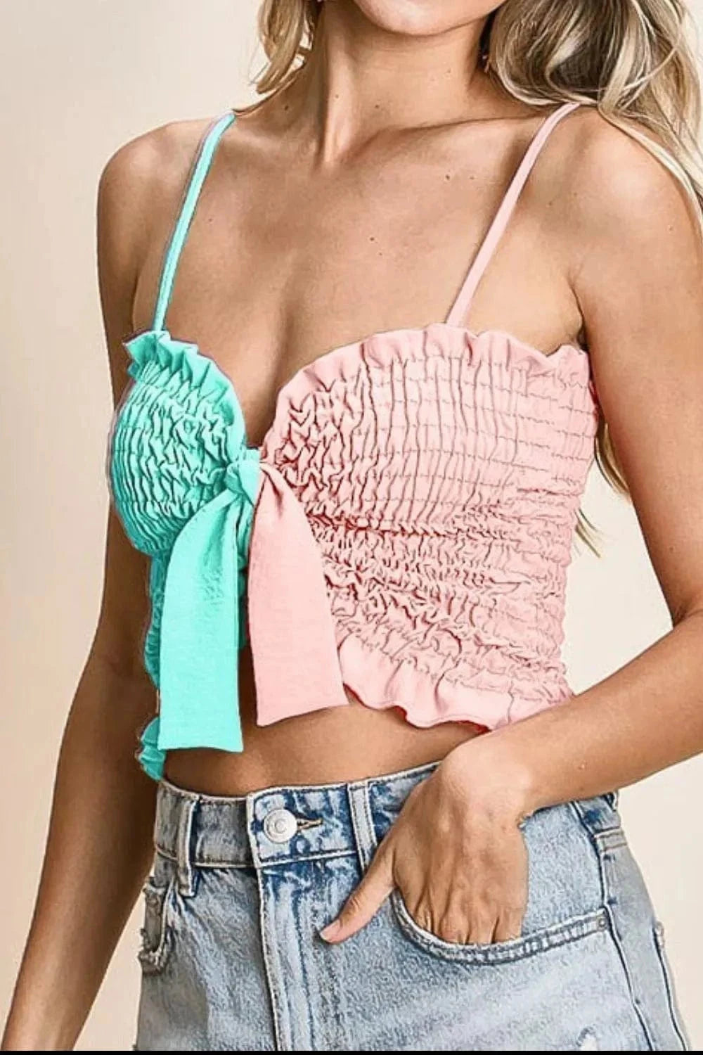 BiBi Woven Color Block Smocked with Ribbon Bra Top - Trendsi